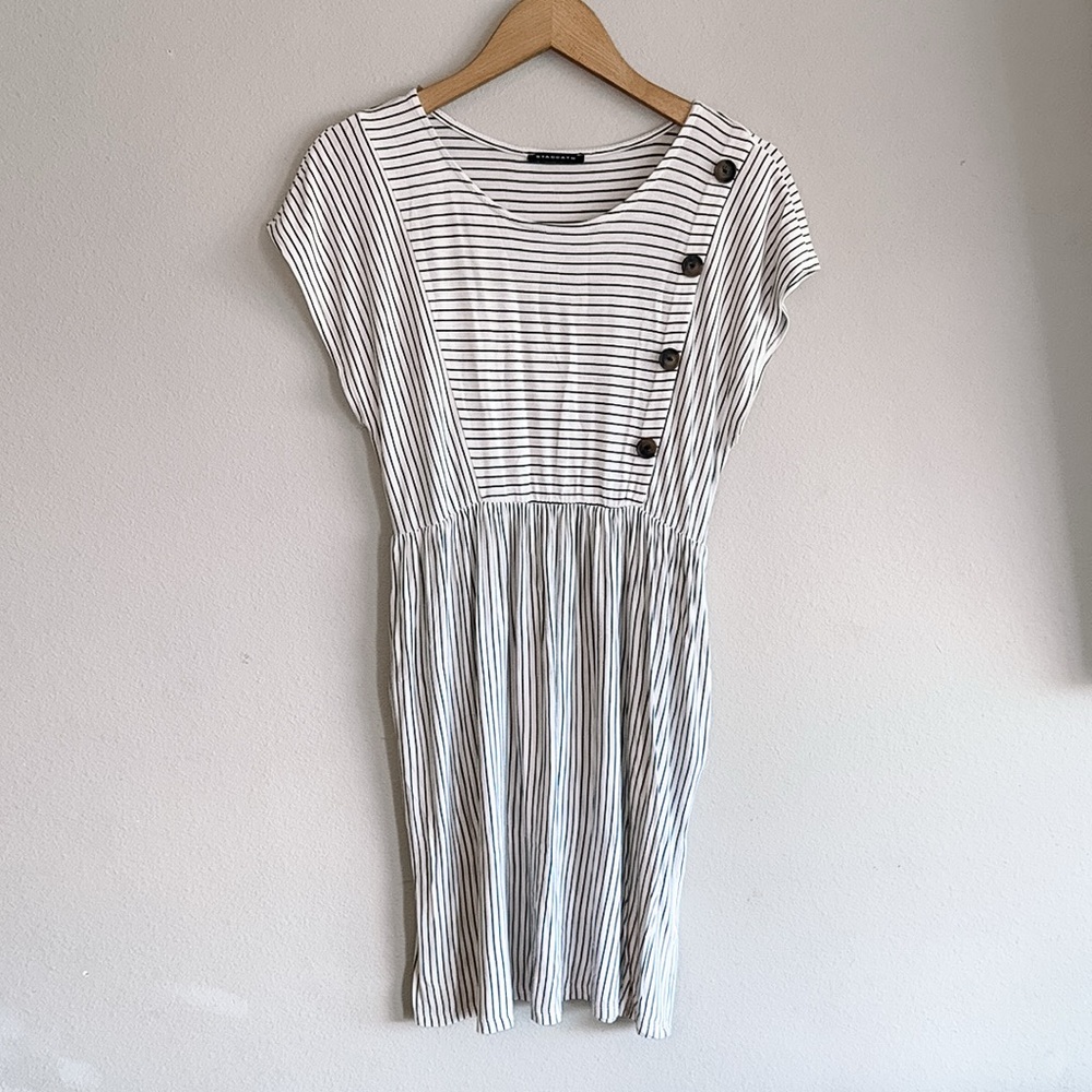 Staccato White and Black Striped Casual Mini Dress w/Button Detail Medium